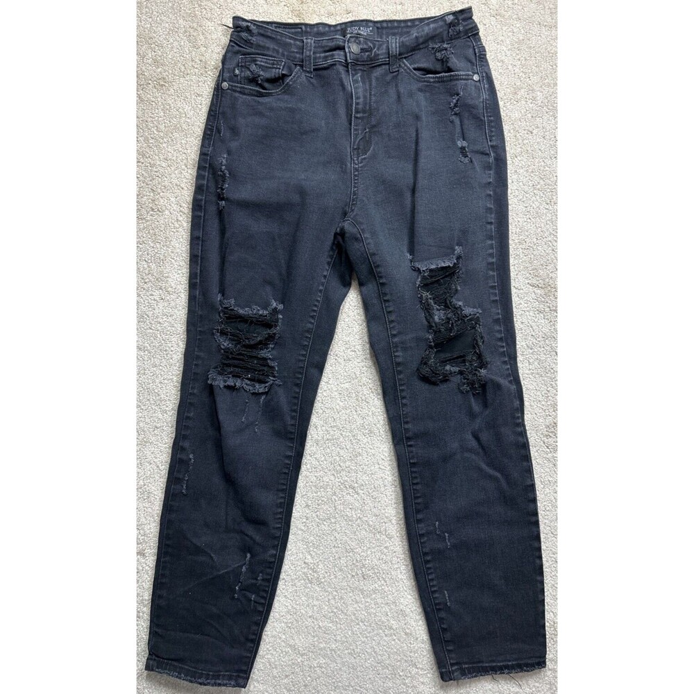 Judy Blue Jeans Women's Sz 9/28 Black High Rise Boyfriend Distressed Stretch EUC